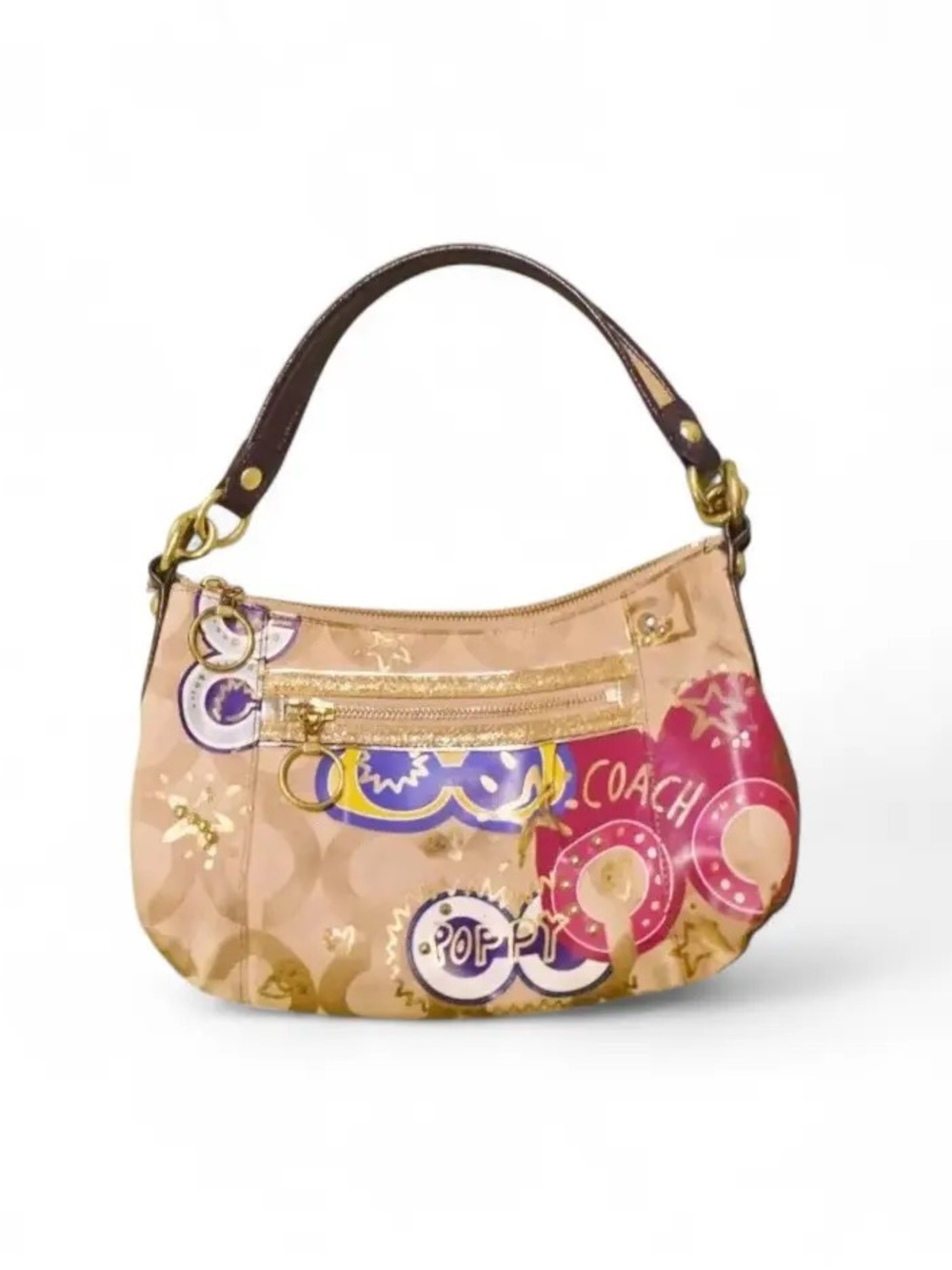 CoachTan Graphic Mini Shoulder wristlet and clutch Bag with Gold Accents